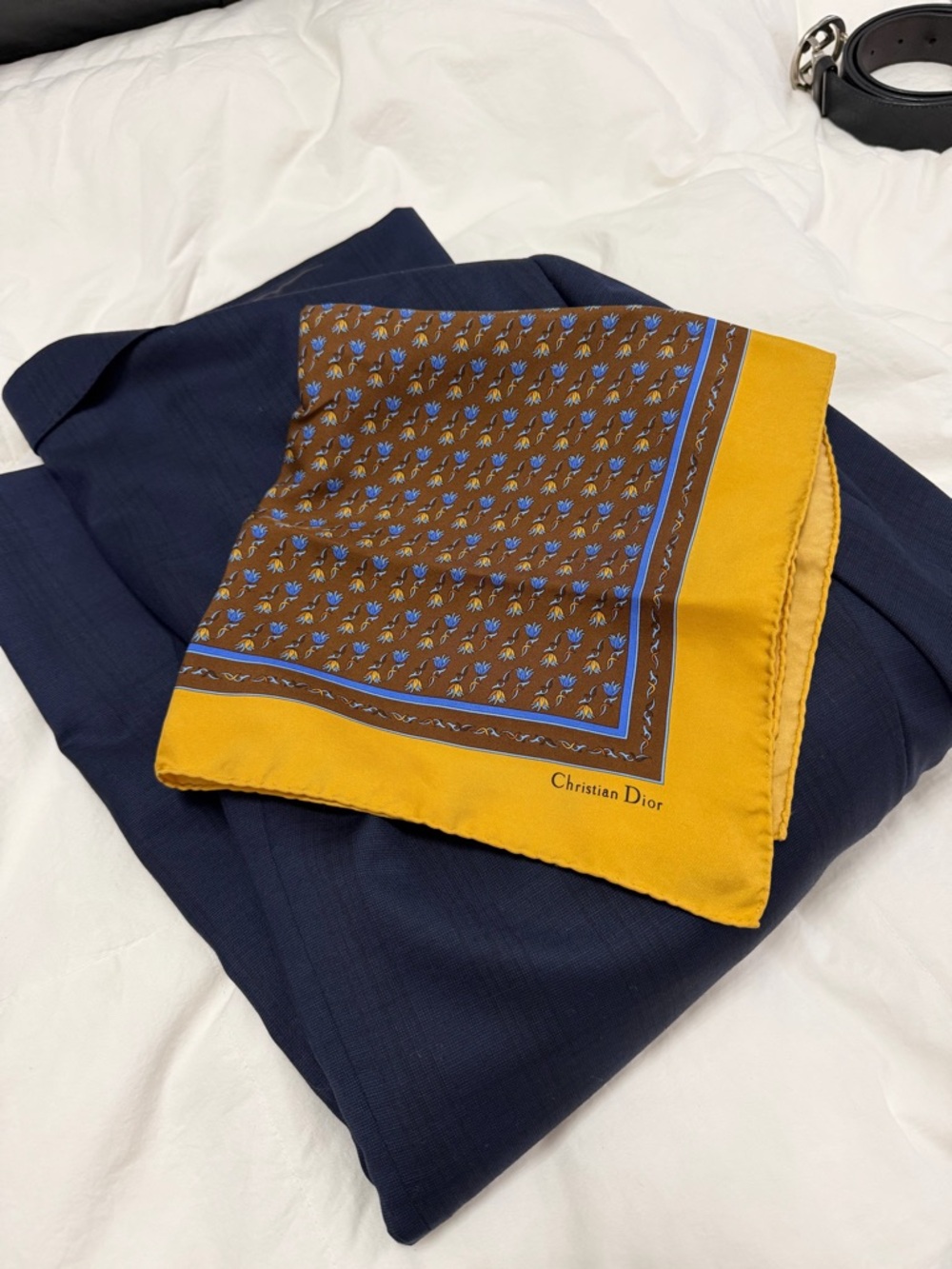 Dior Silk Pocket Square - Mustard, Brown & Blue Floral